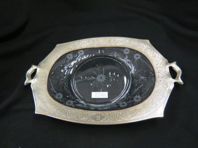 Appraisal: Silver Overlay Etched Glass Tray divided handled x excellent Cambridge