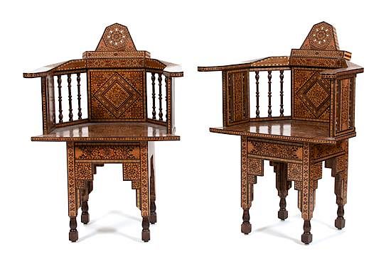 Appraisal: A Pair of Syrian Parquetry Mother-of-Pearl Inlaid Open Armchairs Height