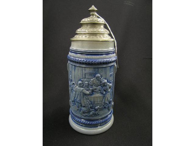 Appraisal: German Salt Glaze Pottery Stein blue decorated bas-relief tavern scene