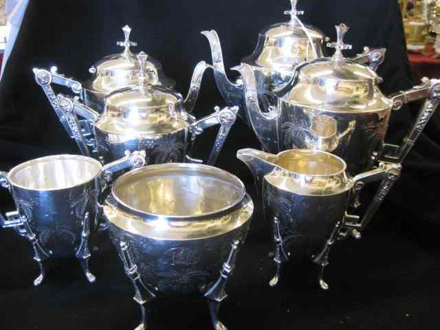 Appraisal: pc Meriden Victorian Silverplate Tea CoffeeService footed lion heads on