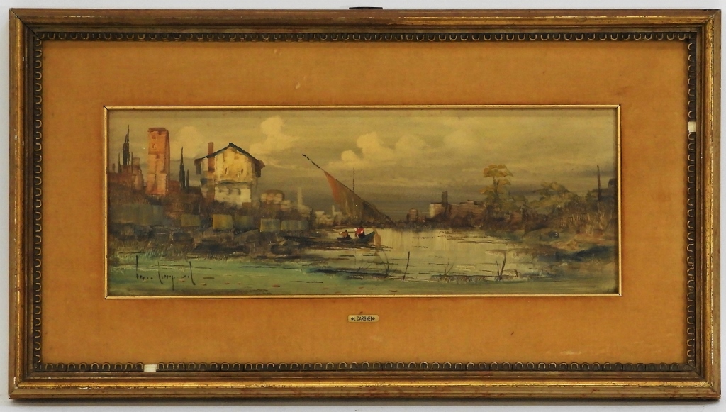 Appraisal: LUCIO CARGNEL COASTAL VILLAGE SEASCAPE PAINTING Italy - Depicting two