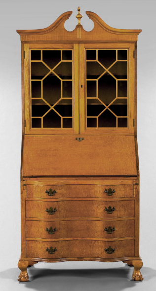 Appraisal: American Colonial Revival Tiger and Bird's-Eye Maple Drop-Front Secretary with