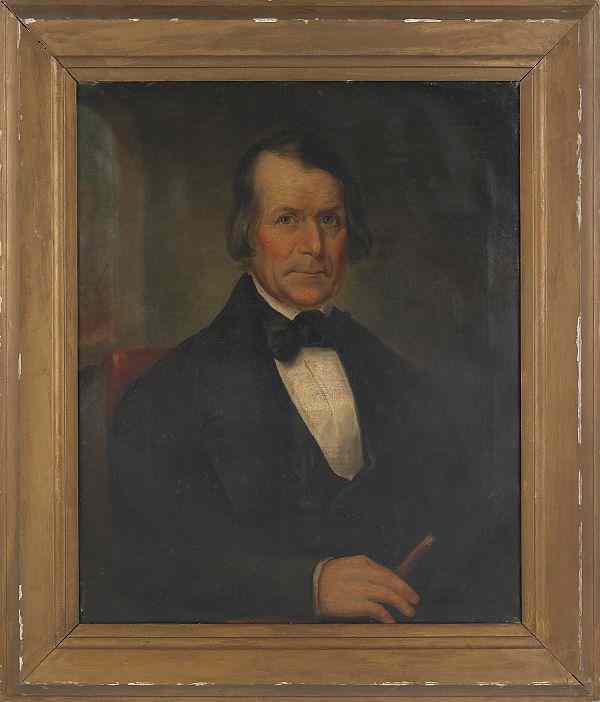 Appraisal: Oil on canvas portrait of a gentleman holding a cigar