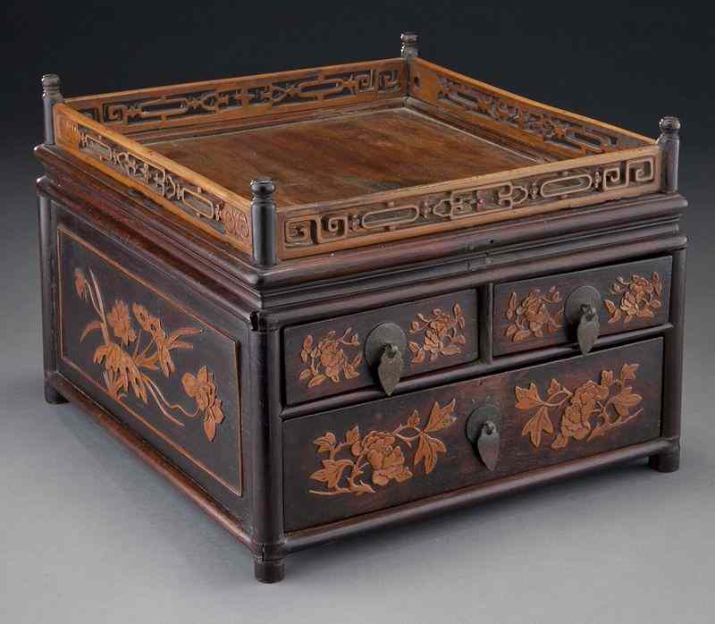 Appraisal: Chinese nanmu rosewood and boxwood jewelry box depicting flowers ''H