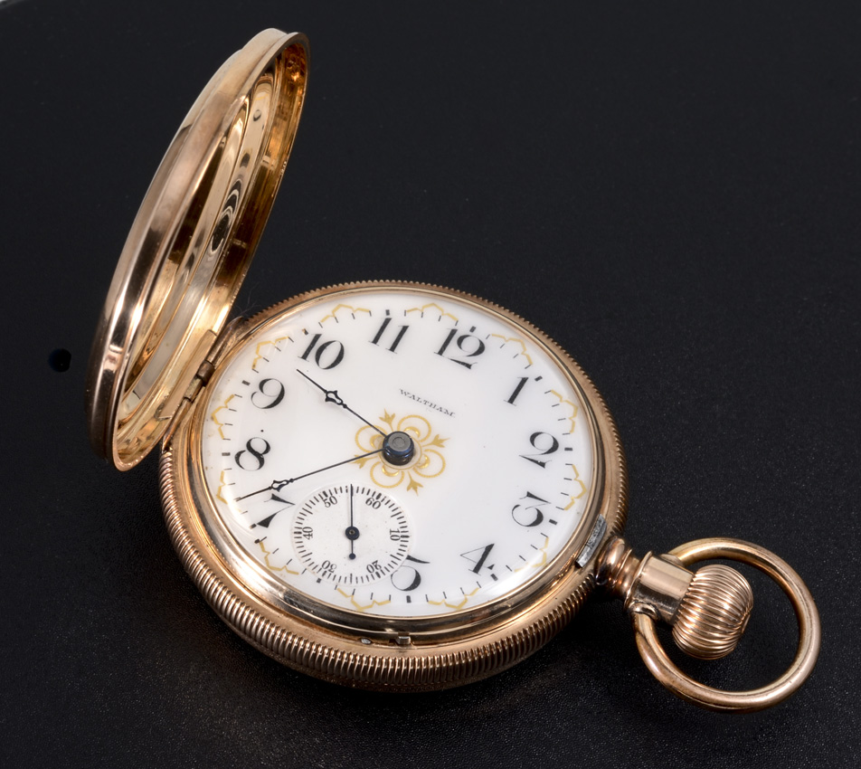 Appraisal: K YELLOW GOLD WALTHAM HUNTER CASE POCKET WATCH Circa size