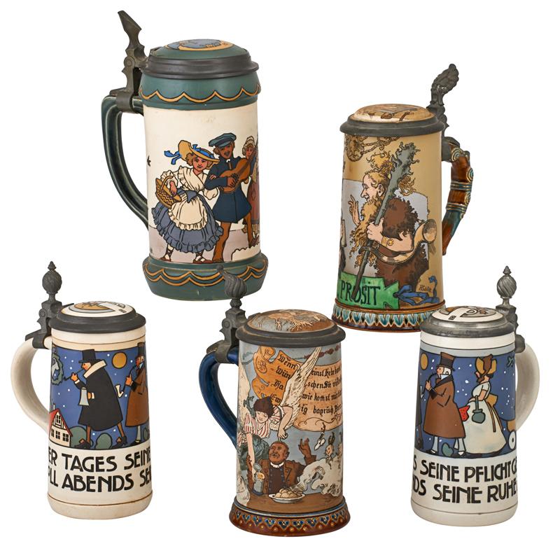 Appraisal: METTLACH ETCHED STEINS Five Numbers liter two half liter one