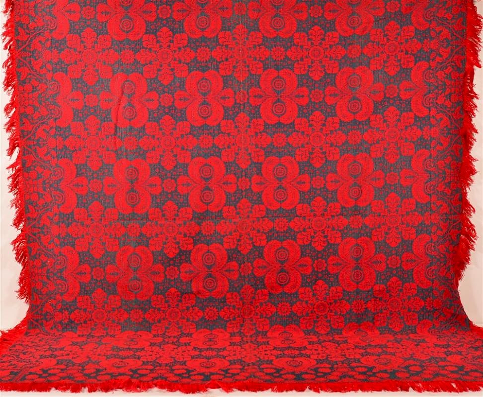 Appraisal: Red and Blue Two Part Jacquard Coverlet Unsigned Mid th