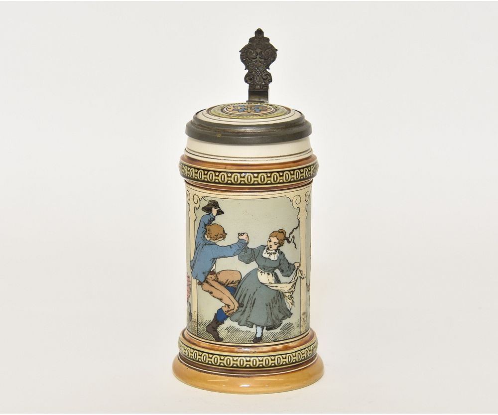 Appraisal: Mettlach Stein Mettlach stein with three dancing couples litre h