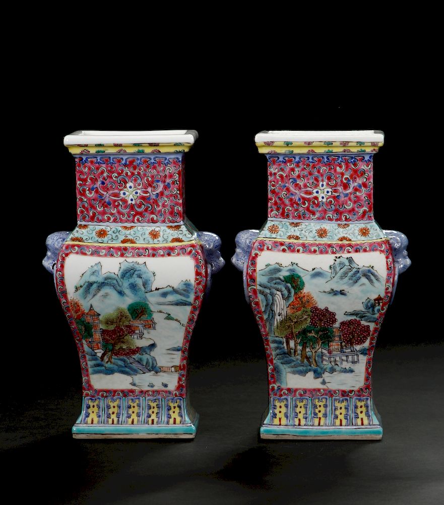 Appraisal: Pair of Ruby-Ground Famille Rose Vases Of rectangular section robustly