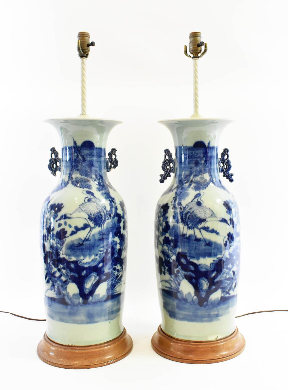 Appraisal: PAIR OF CHINESE BLUE DECORATED CELADON VASES MOUNTED AS LAMPSEarly