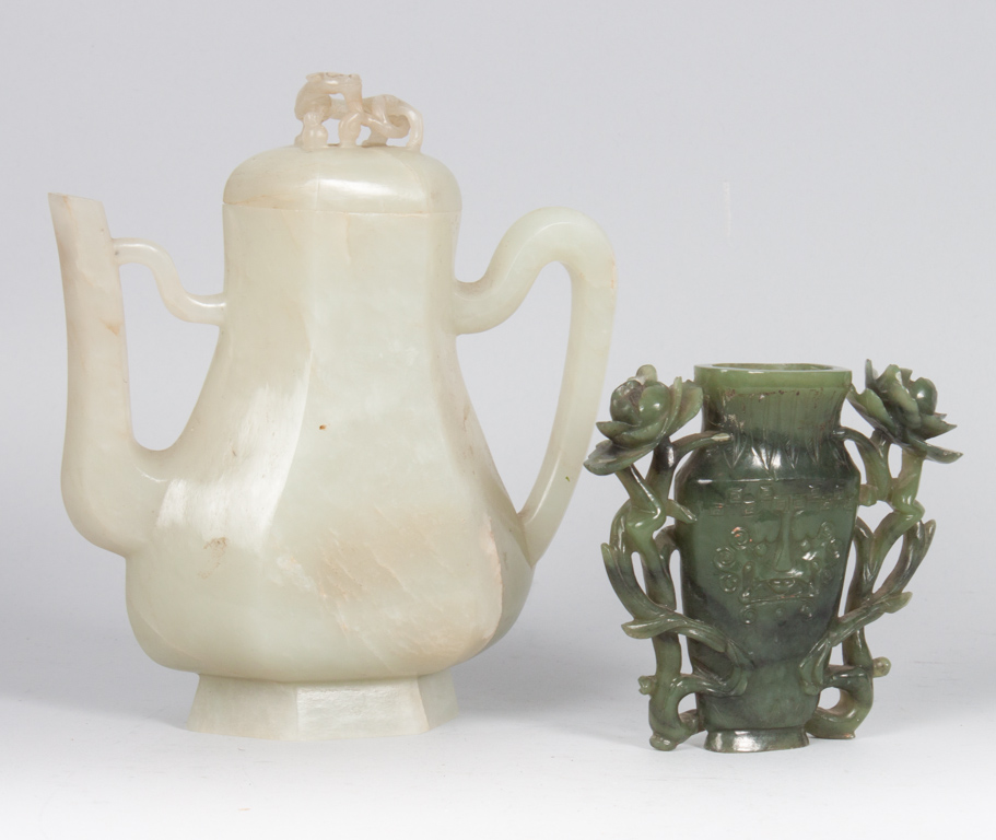 Appraisal: Chinese carved jade teapot and urn mutton fat teapot -