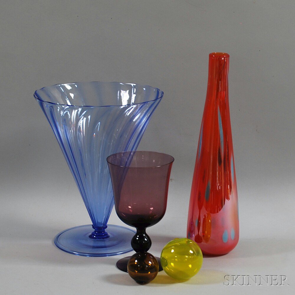 Appraisal: Five Colored Glass Items th century a amethyst goblet a