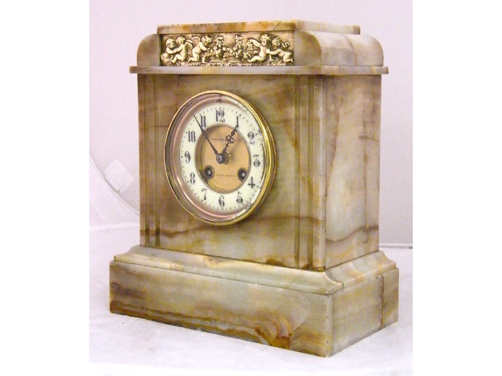 Appraisal: White and red veined marble two train mantel clock the