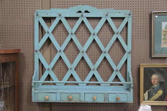 Appraisal: HANGING TAVERN RACK Blue painted rack with crosshatched back wrought