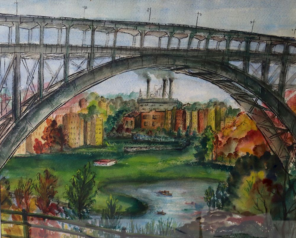 Appraisal: B S Lipson Signed Watercolor Bronx West Side Bridge From