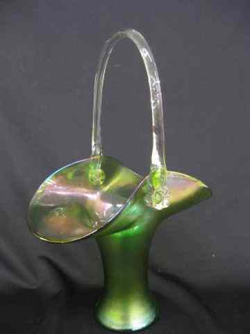 Appraisal: Loetz Art Glass Basket green iridescent clear handle '' excellent