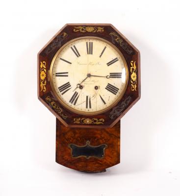 Appraisal: A Victorian walnut and brass inlaid drop dial clock the