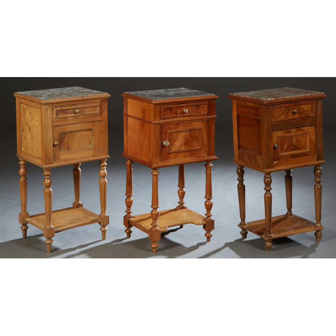 Appraisal: Group of Three Similar French Carved Walnut Marble Top Nightstands