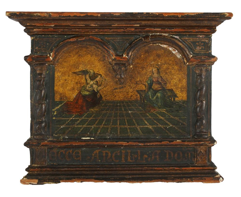 Appraisal: CONTINENTAL SCHOOL THE ANNUNCIATIONoil on wood panel within a carved