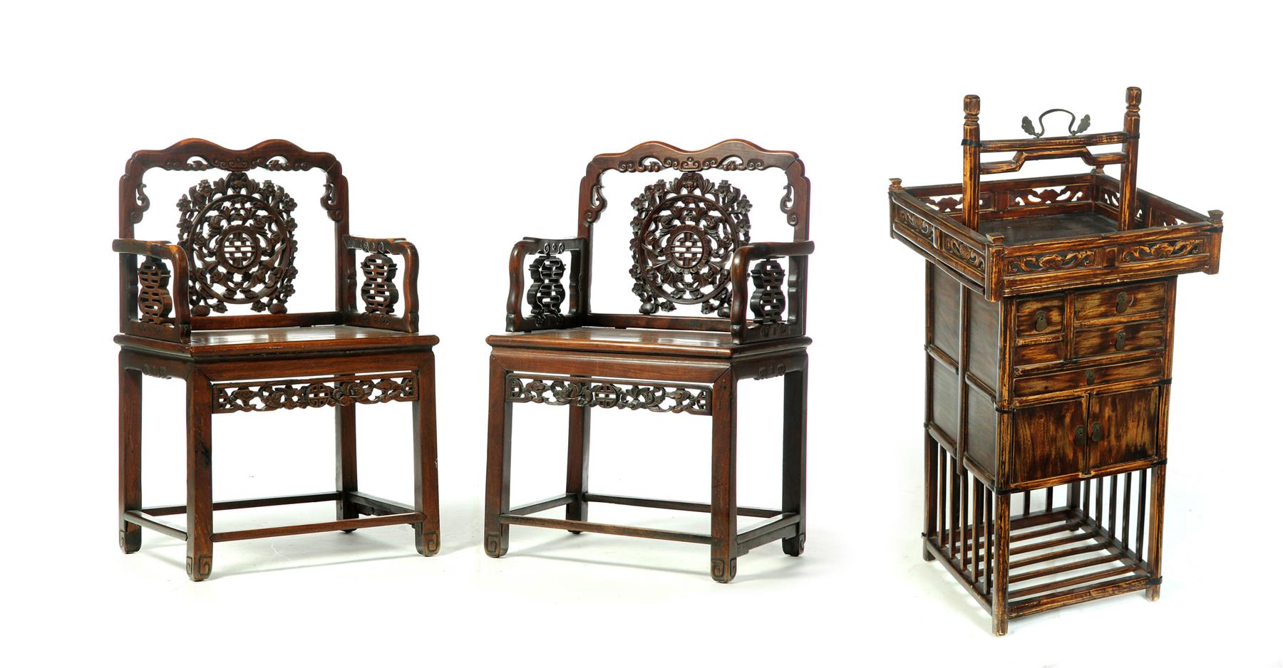 Appraisal: PAIR OF CHINESE ARMCHAIRS AND A BIRD STAND Early th