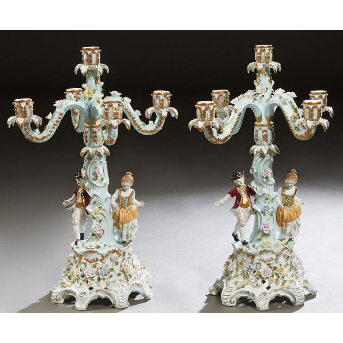 Appraisal: Pair of Meissen Style Polychromed and Gilt Decorated Five Light