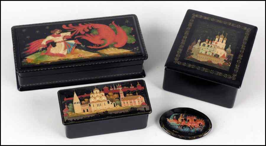 Appraisal: THREE RUSSIAN LACQUERED BOXES Together with a Russian lacquered brooch