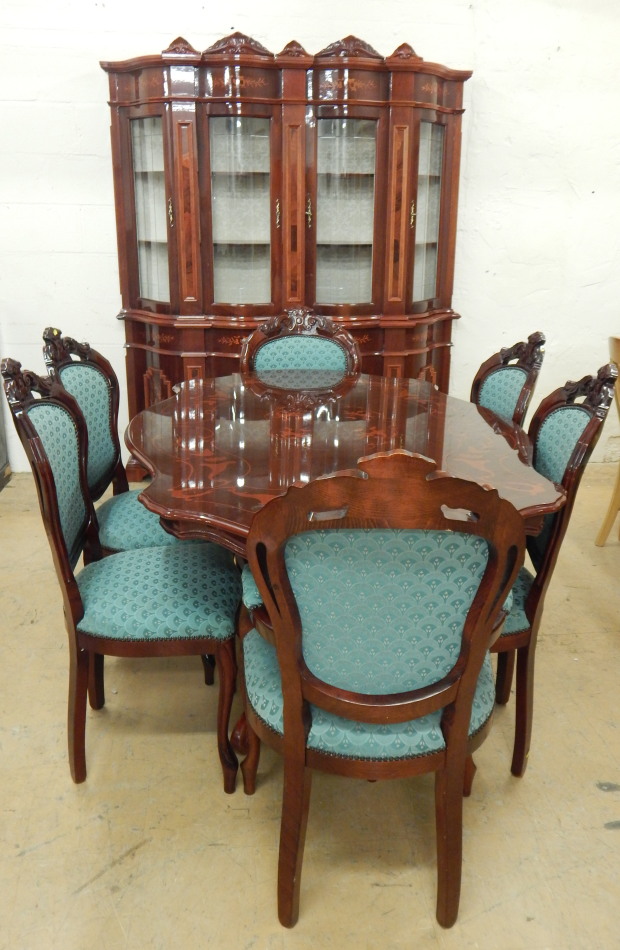 Appraisal: An Italian marquetry dining room suite comprising display cabinet with