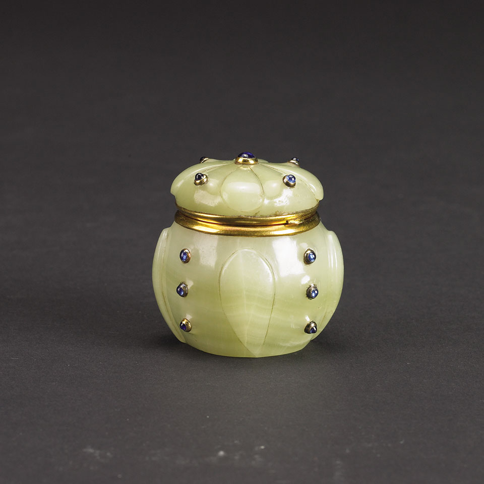 Appraisal: French Gold and Sapphire Mounted Onyx Rouge Pot s cm