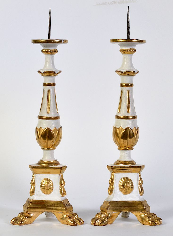 Appraisal: Pr of Italian Painted Gilt Wood Prickets Pair of white