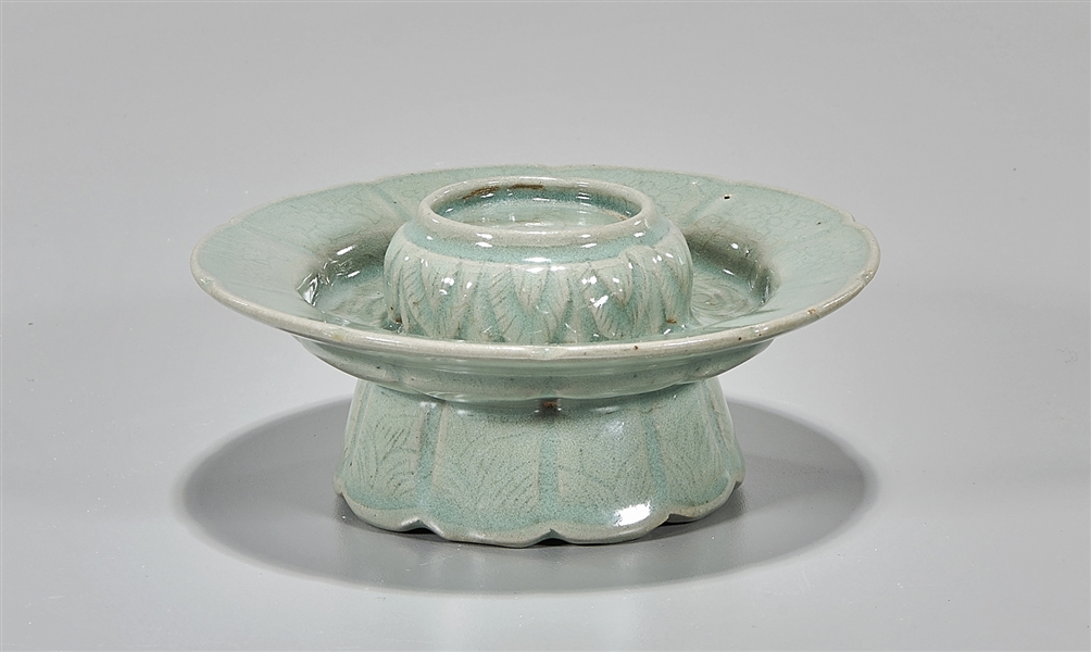 Appraisal: Korean celadon glazed lotus-form cup stand incised designs x approx