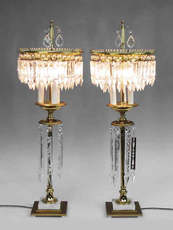 Appraisal: PAIR OF BRASS AND CRYSTAL BANQUET LAMPS Tall brass lamps