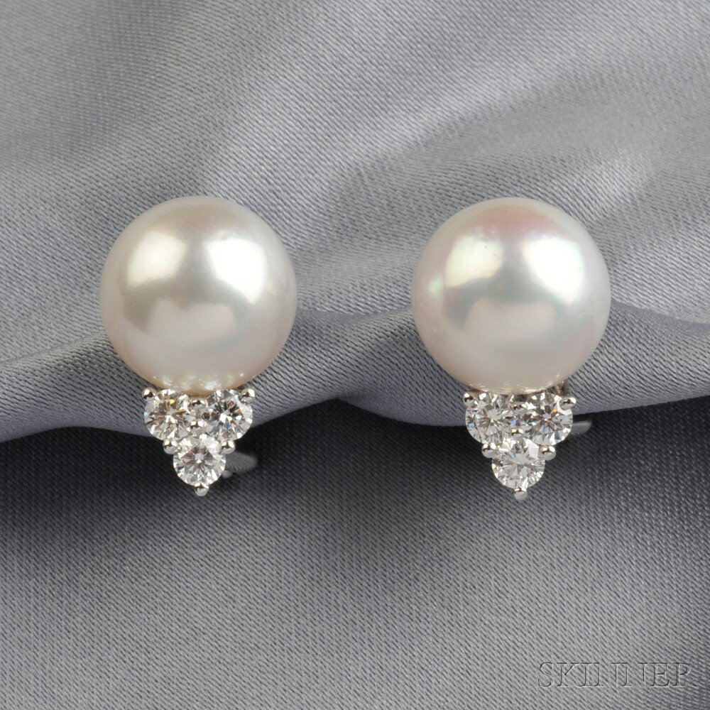 Appraisal: kt White Gold South Sea Pearl and Diamond Earrings each