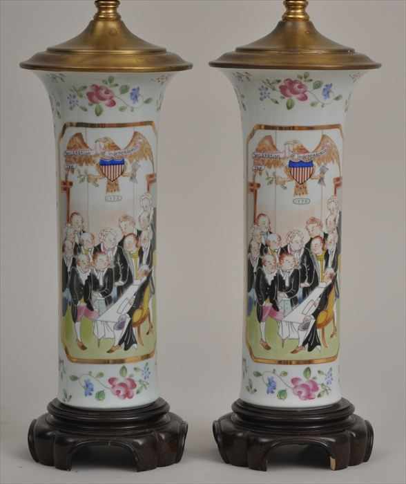 Appraisal: PAIR OF CHINESE EXPORT-STYLE PORCELAIN BEAKER-FORM LAMPS WITH VIEWS OF