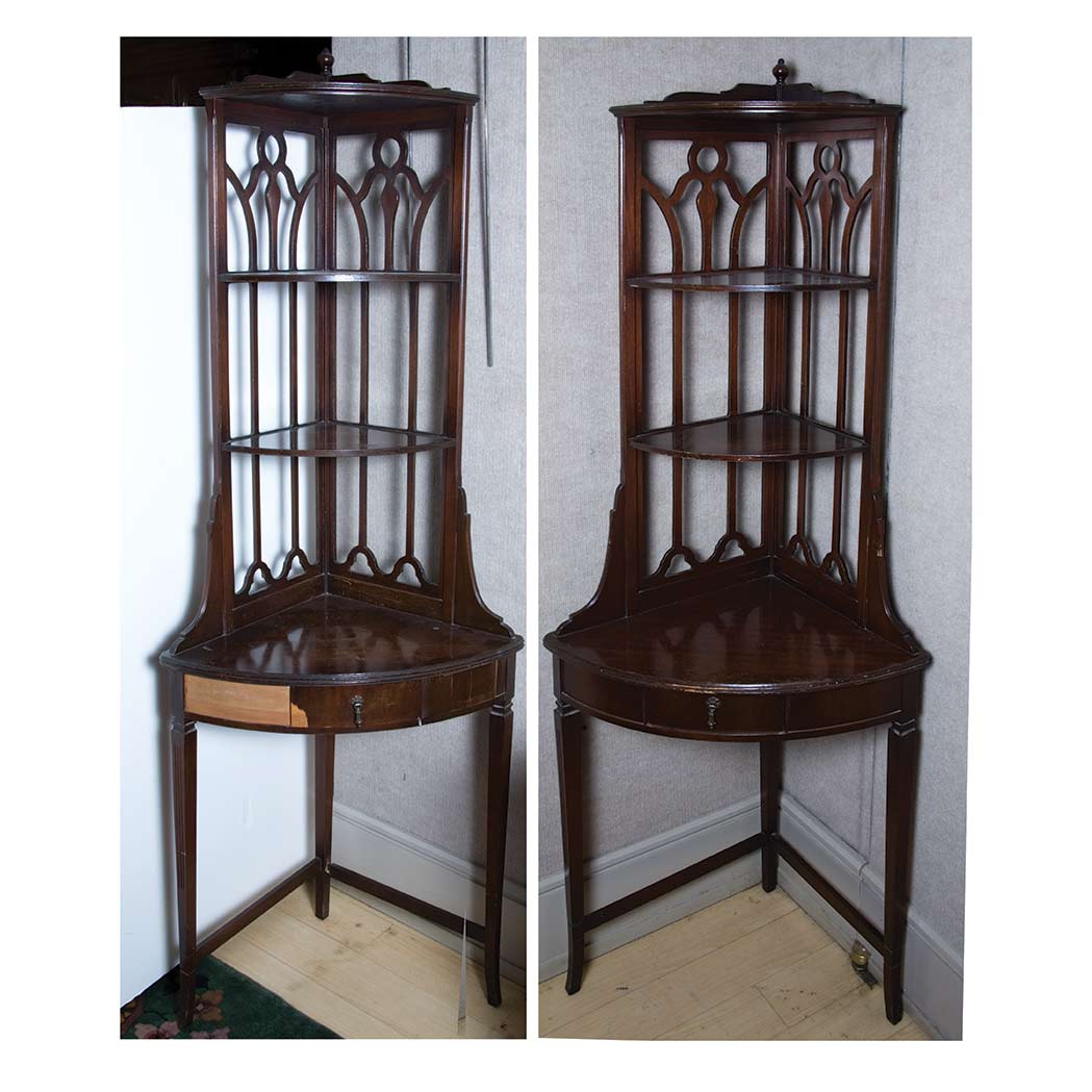 Appraisal: Pair of George III Style Mahogany Corner Etageres Height inches