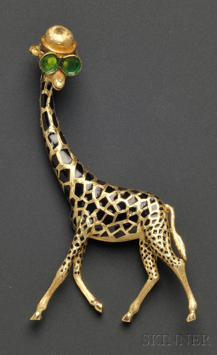 Appraisal: Whimsical kt Gold and Enamel Giraffe Brooch Birks sporting plique-a-jour