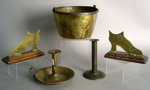 Appraisal: Hogscraper candlestick together with a brass bucket chamberstick and boot