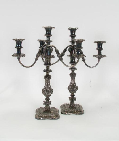 Appraisal: Pair of ornate silver-plated branch candelabra convertible to single candlesticks