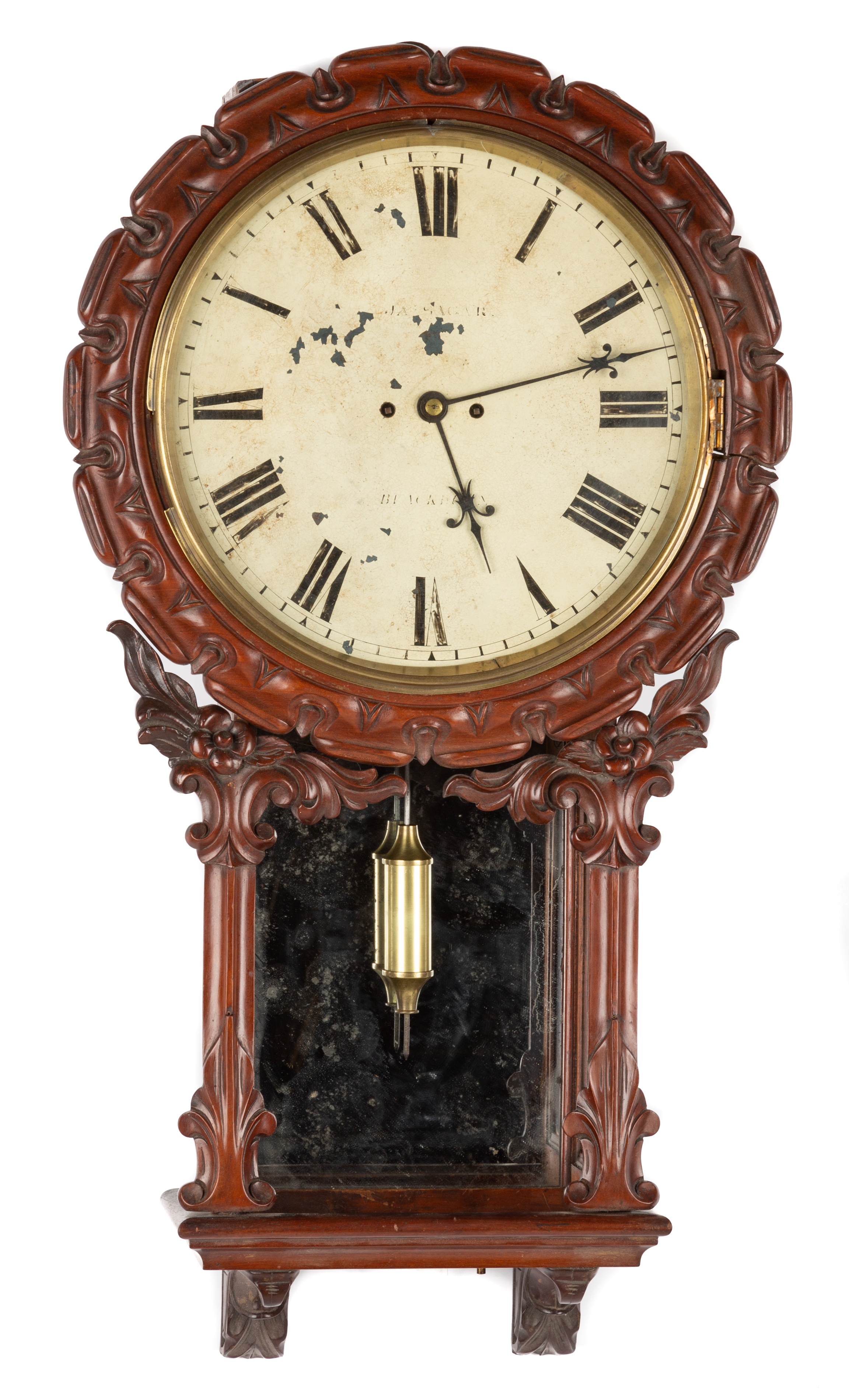 Appraisal: ENGLISH GALLERY CLOCK th century Carved mahogany case with some