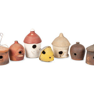 Appraisal: Seven Redware and Stoneware Birdhouses all unmarked Height of largest