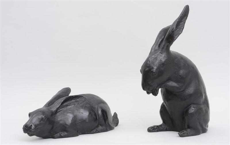 Appraisal: TWO JAPANESE PATINATED BRONZE FIGURES OF RABBITS Inscribed ''Japan ''