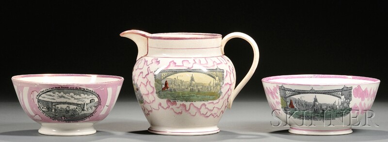 Appraisal: Sunderland Pink Lustre Transfer-decorated Pottery Jug and Two Bowls England