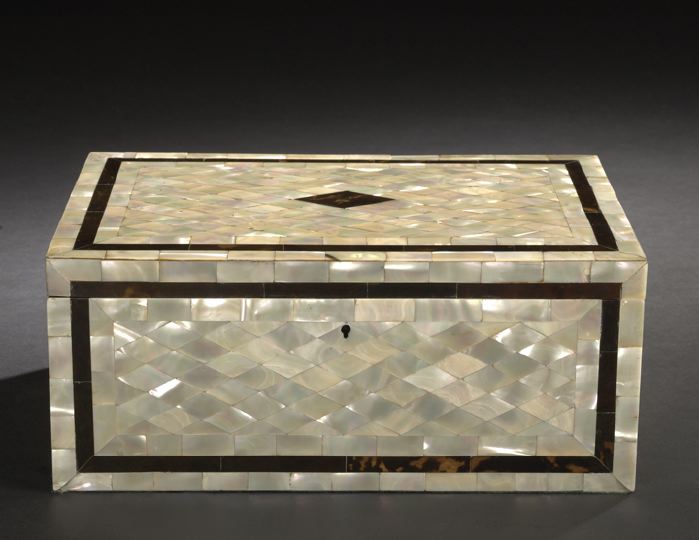 Appraisal: Good English Tortoiseshell-Banded and -Inlaid Quilted Mother-of-Pearl Work Box third