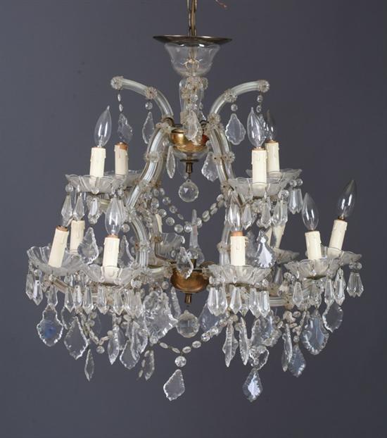 Appraisal: CONTINENTAL STYLE TWELVE-LIGHT CRYSTAL CHANDELIER th century glass-enclosed open-cage form