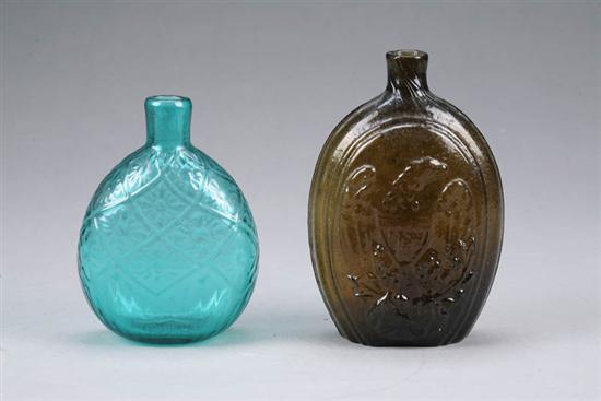 Appraisal: TWO BLOWN GLASS FLASKS Brown with eagle h And green