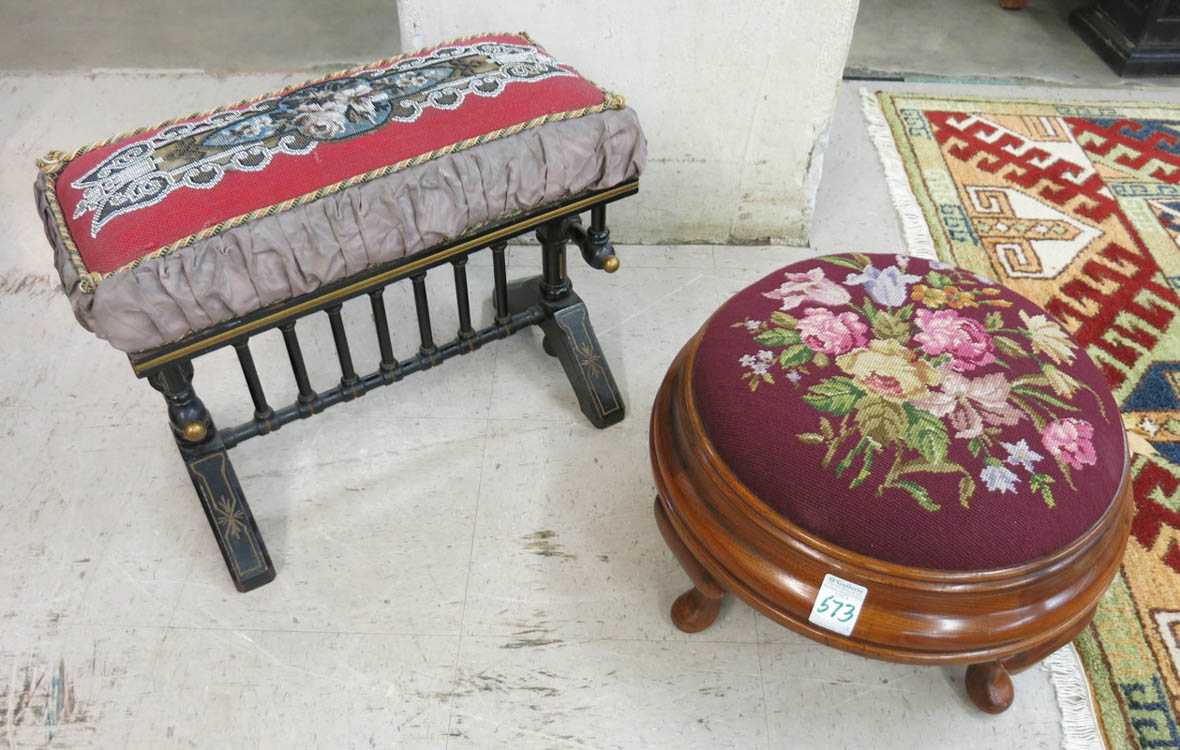 Appraisal: TWO VICTORIAN NEEDLEPOINT STOOLS round walnut footstool with floral needlepoint