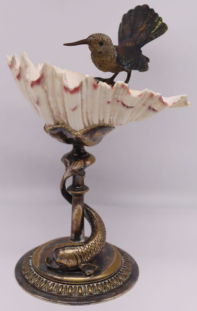 Appraisal: SILVERPLATE Silverplate Tazza with Bronze Bird Wonderful silverplate tazza comprised