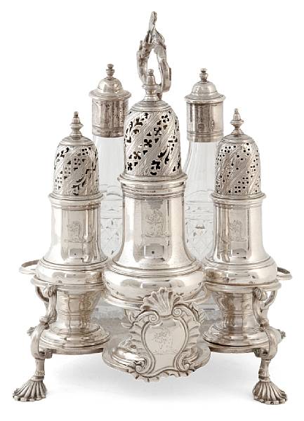 Appraisal: A George II silver five piece cruet set on stand