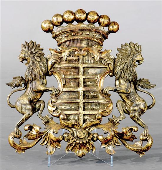 Appraisal: Carved wood coat-of-arms polychrome and gilt-decorated with crown and shield