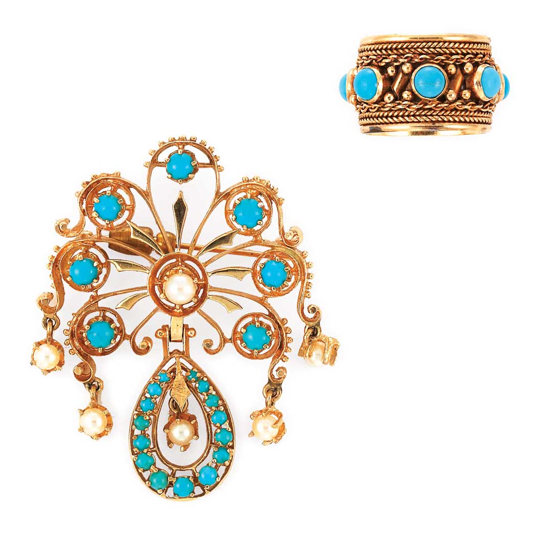 Appraisal: Gold Turquoise and Cultured Pearl Band Ring and Pin kt