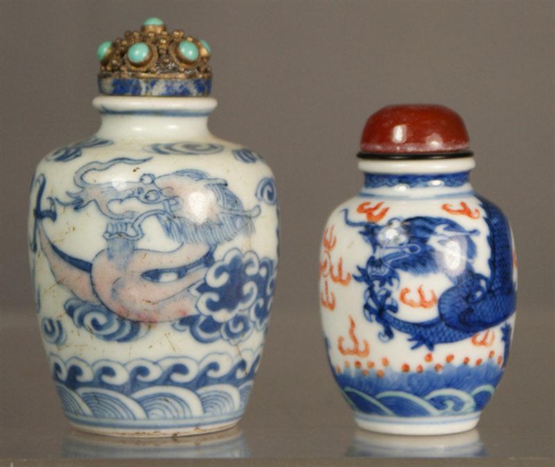 Appraisal: porcelain snuff bottles each with blue underglaze dragon seeking flaming